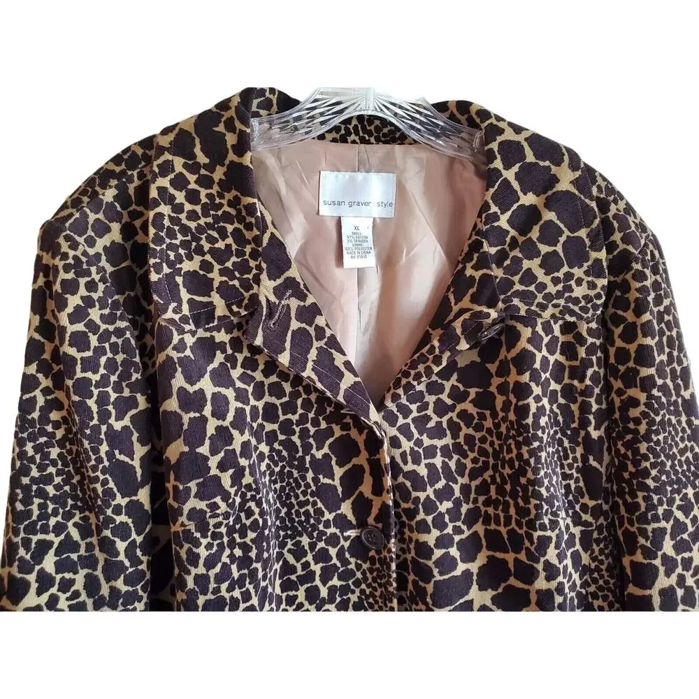 SUSAN GRAVER Women XL Corduroy Jacket Blazer Animal Print Buttons Lined Bust 48